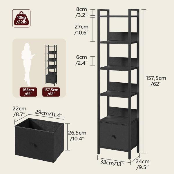 Bookshelf, 6-Tier Bookcase with Drawer, Small Book Shelf for Small Space, Storage Shelf Organizer, for Living Room, Bedroom, Study, Kitchen, Black BKHB66101