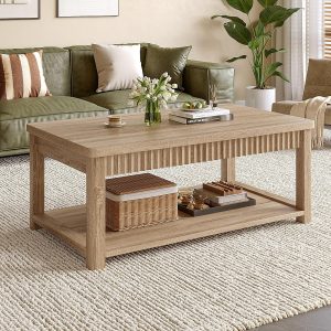 Coffee Table, 39 Inch Modern Coffee Tables for Living Room with 2-Tier Storage & Wave-Edge, Oak Center Table for Bedroom/Office