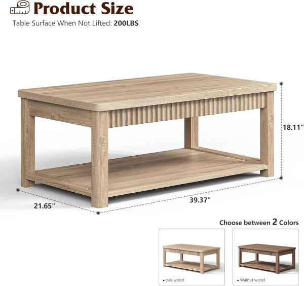 Coffee Table, 39 Inch Modern Coffee Tables for Living Room with 2-Tier Storage & Wave-Edge, Oak Center Table for Bedroom/Office