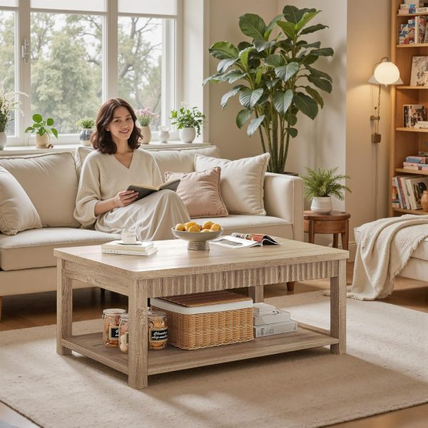Coffee Table, 39 Inch Modern Coffee Tables for Living Room with 2-Tier Storage & Wave-Edge, Oak Center Table for Bedroom/Office