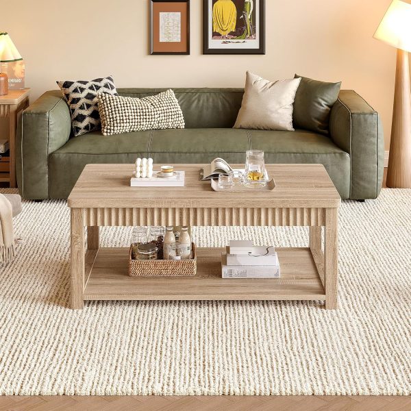 Coffee Table, 39 Inch Modern Coffee Tables for Living Room with 2-Tier Storage & Wave-Edge, Oak Center Table for Bedroom/Office