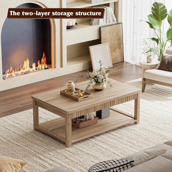 Coffee Table, 39 Inch Modern Coffee Tables for Living Room with 2-Tier Storage & Wave-Edge, Oak Center Table for Bedroom/Office