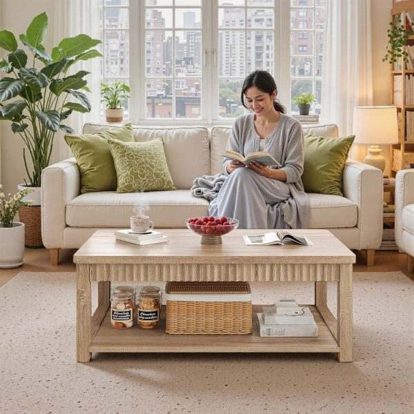 Coffee Table, 39 Inch Modern Coffee Tables for Living Room with 2-Tier Storage & Wave-Edge, Oak Center Table for Bedroom/Office