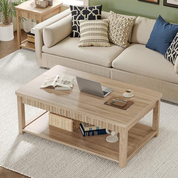 Coffee Table, 39 Inch Modern Coffee Tables for Living Room with 2-Tier Storage & Wave-Edge, Oak Center Table for Bedroom/Office