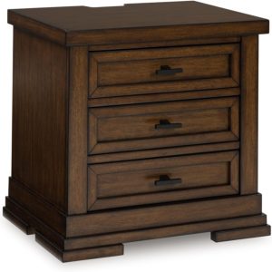 Signature Design by Ashley Taffenbrook Farmhouse 3-Drawer Nightstand with Felt-Lined Top Drawer, Power Supply and USB Ports, Dark Brown