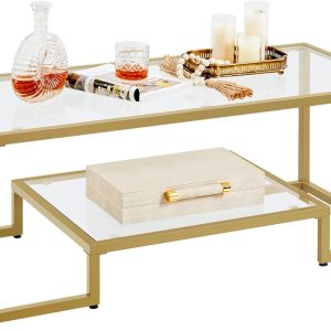Yaheetech Gold Coffee Table, 42" Rectangular Glass Coffee Table for Living Room, 2-Tier Center Tea Tables with Metal Frame for Small Space, Apartment, Office