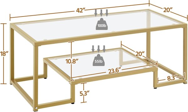 Yaheetech Gold Coffee Table, 42" Rectangular Glass Coffee Table for Living Room, 2-Tier Center Tea Tables with Metal Frame for Small Space, Apartment, Office