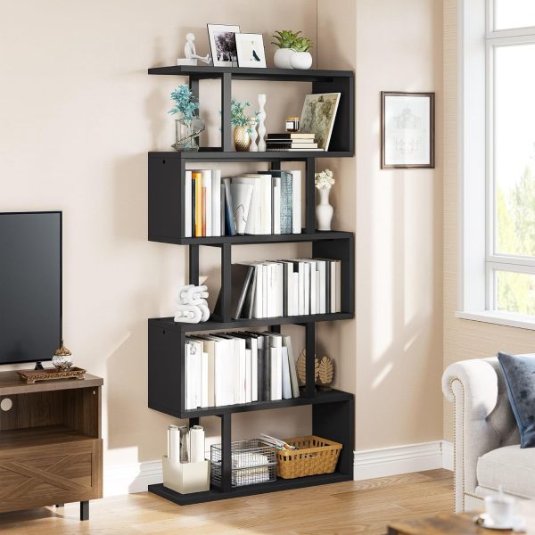 YITAHOME Geometric Bookshelf, 6-Tier Bookshelf S-Shaped Bookshelves, Modern Geometric Bookcase Freestanding Multifunctional Storage Shelving for Living Room Home Office, Black
