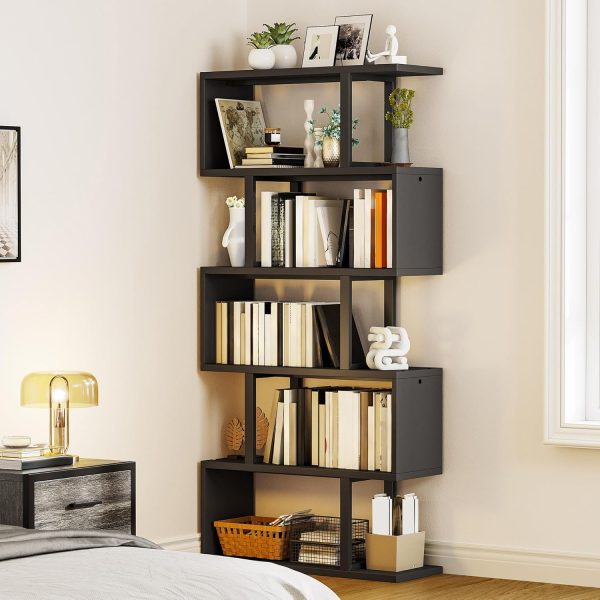 YITAHOME Geometric Bookshelf, 6-Tier Bookshelf S-Shaped Bookshelves, Modern Geometric Bookcase Freestanding Multifunctional Storage Shelving for Living Room Home Office, Black