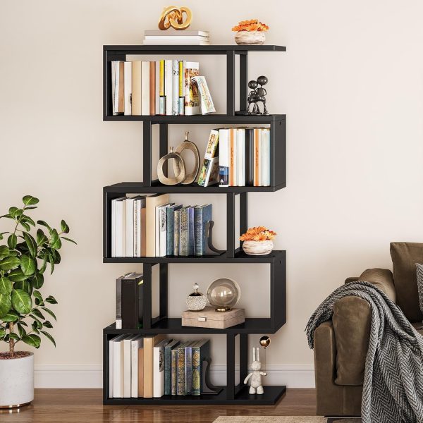 YITAHOME Geometric Bookshelf, 6-Tier Bookshelf S-Shaped Bookshelves, Modern Geometric Bookcase Freestanding Multifunctional Storage Shelving for Living Room Home Office, Black